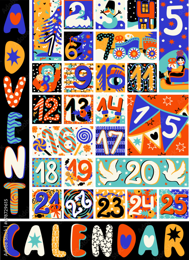 Fototapeta premium Advent calendar with bright Christmas decoration. Countdown to Christmas with numbers. Xmas numbers.