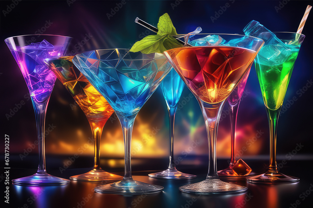 Glasses with various cold colorful beverages on dark background. Cocktails set.Weekend or holiday party. Cocktail bar.Generative AI Glasses with various cold colorful beverages on dark background. Cocktails set.Weekend or holiday party. Cocktail bar.Generative AI