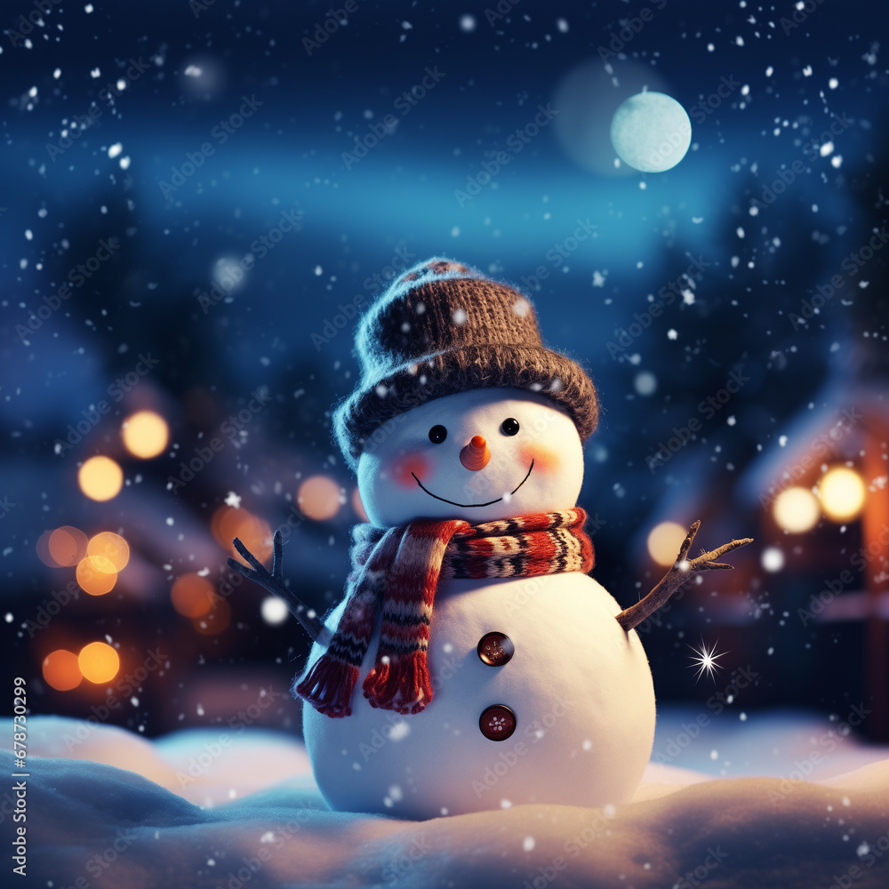 Closeup of smiling snowman on the snow floor on the night Closeup of smiling snowman on the snow floor on the night