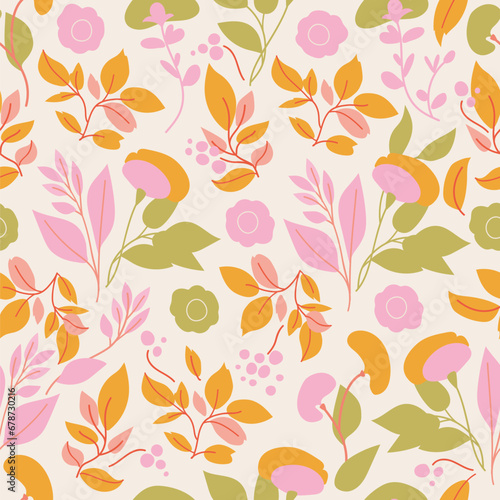 Abstract Floral vector seamless pattern. Pastel botanical background with leaves for fabric, wrapping paper, wallpaper, textile, apparel, cover, table cloth © smile_flower