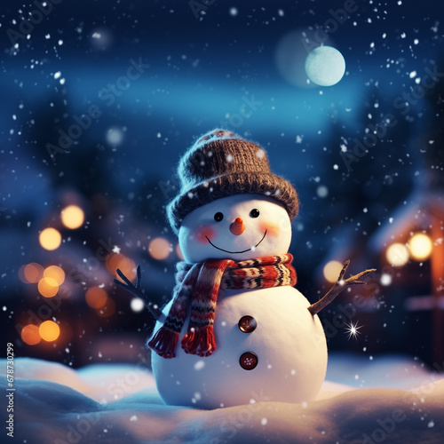 Closeup of smiling snowman on the snow floor on the night