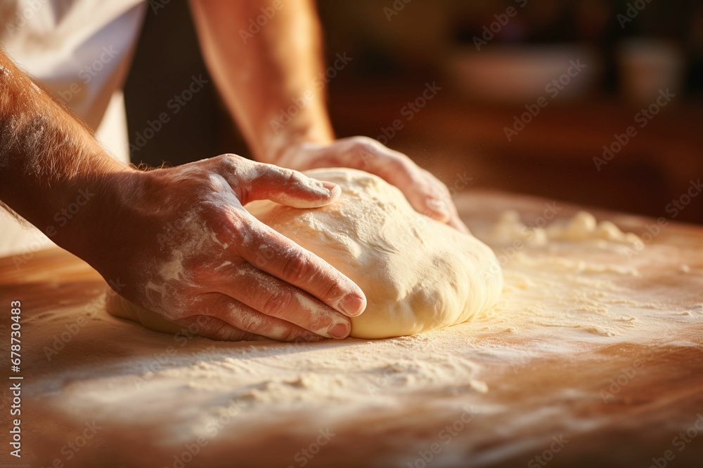 a man is kneading the dough for bread that he has made