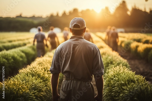 farmers walk along a row of crops in the early morning photo
