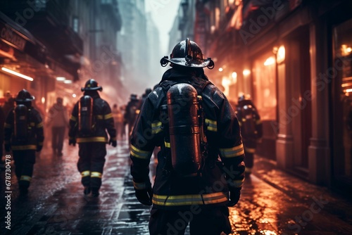 a firefighter walking down the street in front of buildings