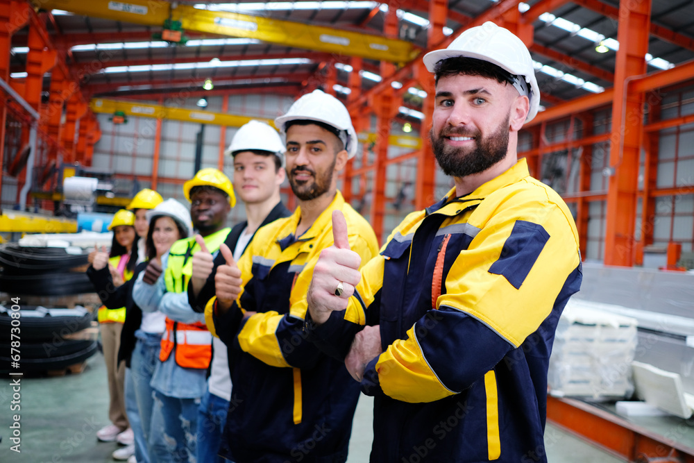 The engineering team and employees are happy to wear safety helmets. Smiling, happy working in the factory. The engineering team and employees are happy to wear safety helmets. Smiling, happy working in the factory.