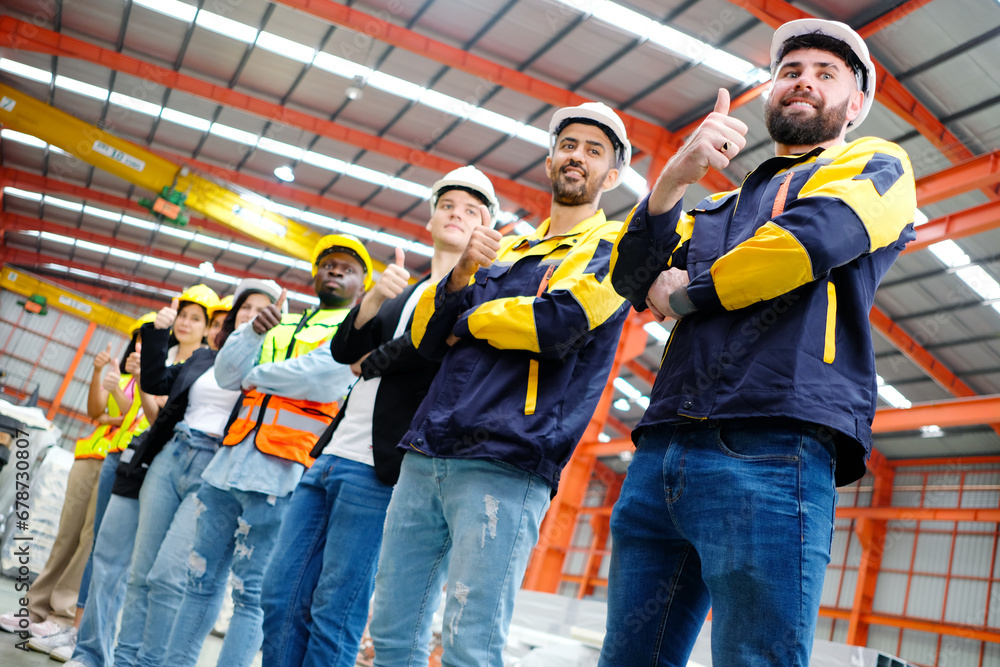 The engineering team and employees are happy to wear safety helmets. Smiling, happy working in the factory. The engineering team and employees are happy to wear safety helmets. Smiling, happy working in the factory.