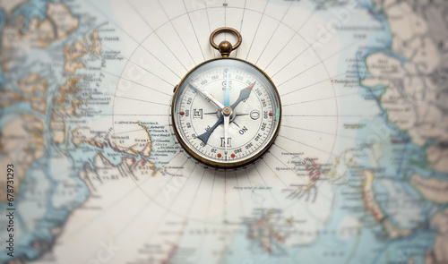 Magnetic old compass on nord pole map. Travel, geography, history, navigation, tourism and exploration concept background. Retro compass on geography map. photo