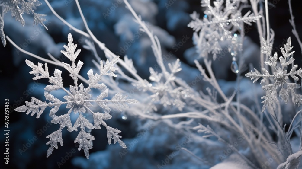 Frost-kissed Christmas snowflakes resting gracefully on evergreen branches, creating a holiday masterpiece.