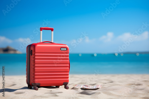 Red suitcase with accessories on sand beach, blue sea and blue sky, summer travel concept.