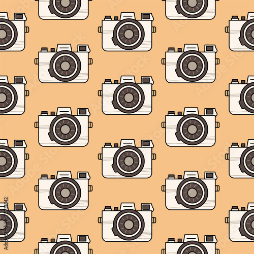 Cute seamless pattern light vintage camera in retro colors isolated on a beige background. Background, backdrop, wrapping paper.