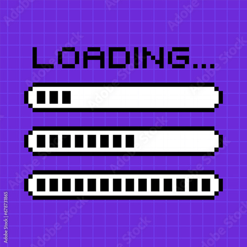 Illustration of pixel elements in 8-bit style isolated on a bright purple background. Loading line in an old retro game, three loading bars.