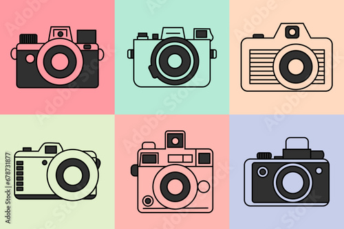 Clipart set of minimalistic retro camera doodles on a background of bright blocks. Playful vintage film cameras, seamless geometric pattern.