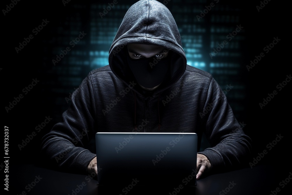 Hooded masked man with a laptop on dark background. Cyber security concept. Hooded masked man with a laptop on dark background. Cyber security concept.