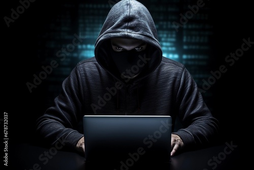 Hooded masked man with a laptop on dark background. Cyber security concept.