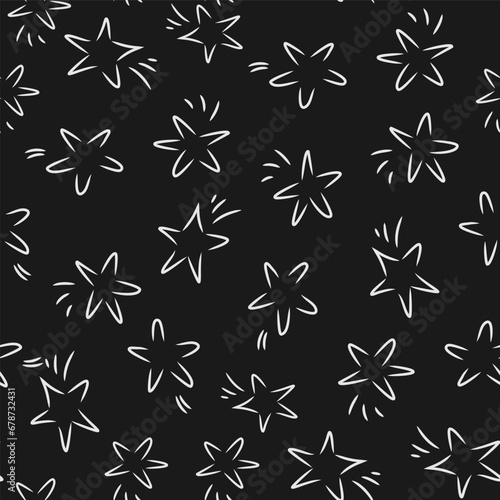 Seamless pattern with white hand drawn vector falling stars in doodle style isolated on black background