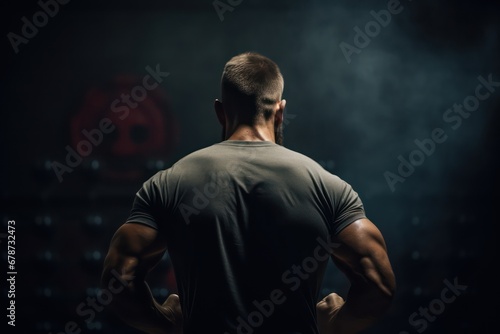 Muscular strong man - bodybuilder in sports gym back view. Generative AI