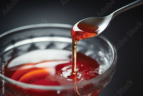 Medicinal syrup or honey is poured into glass cup, fighting disease. Generative AI