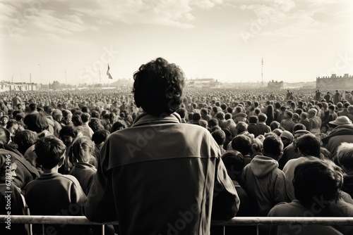 Man looking at a crowd of people, protest or rally. Generative AI photo