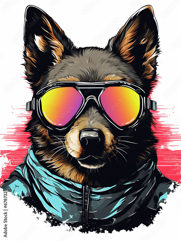 t-shirt design, Headshot of a dog wearing large sunglasses and a leather jacket. Background retro vibe created with Generative Ai