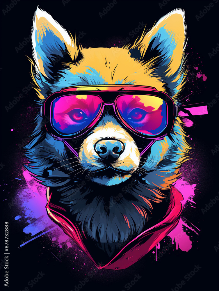 t-shirt design, Headshot of a dog wearing large sunglasses and a leather jacket. Background retro vibe created with Generative Ai