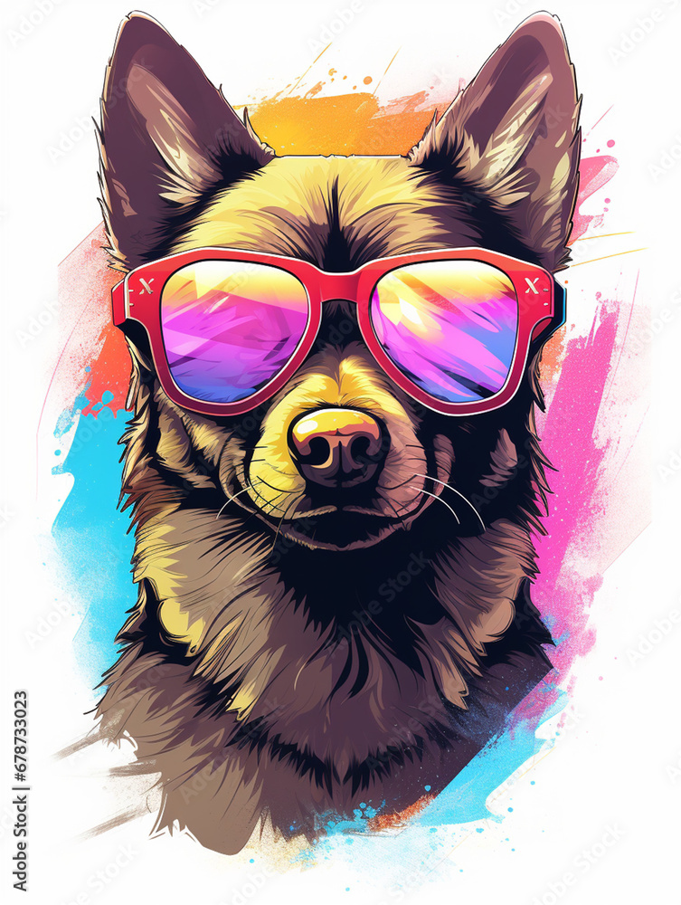 t-shirt design, Headshot of a dog wearing large sunglasses and a leather jacket. Background retro vibe created with Generative Ai