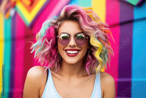 a beautiful woman, is smiling with colorful eye glasses and a rainbow wall