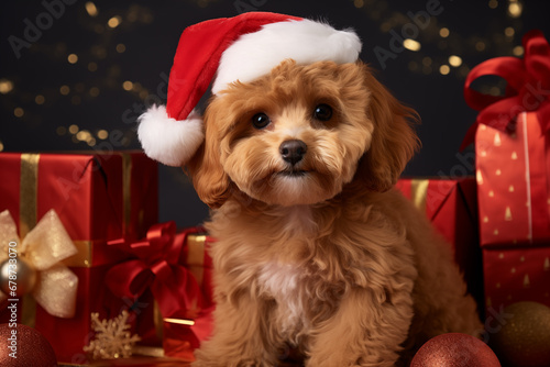 cute puppy - Christmas season - Xmas decoration - brown poodle