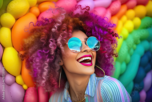 a beautiful woman, is smiling with colorful eye glasses and a rainbow wall