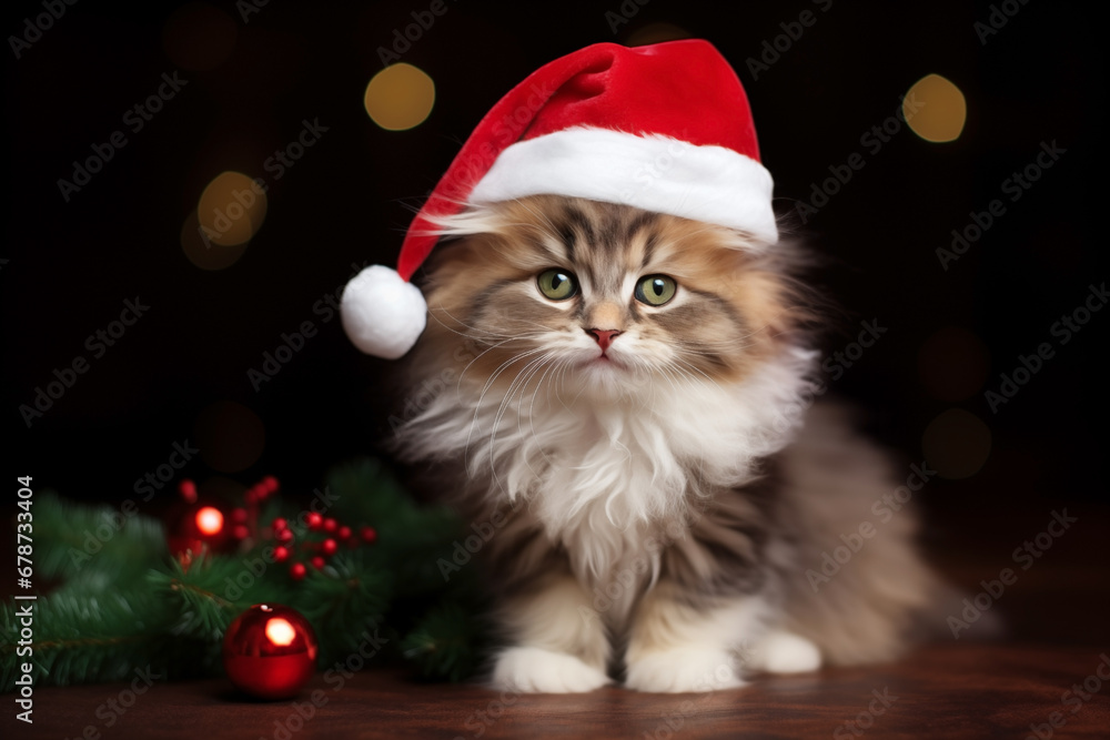 Cute furry kitten - Christmas Xmas season - Seasonal decoration - black background - santa hat - brown fur