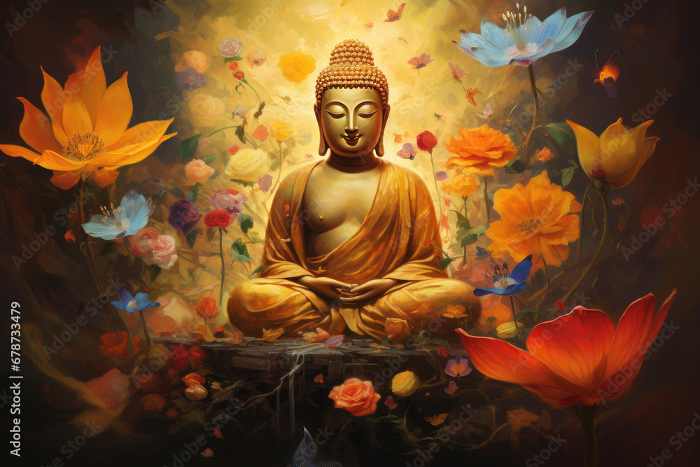 abstract oil painting of glowing 3d golden buddha with flowers and butterflies