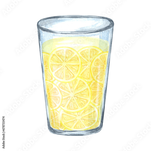 Lemonade with lemons in glass. Hand drawn of drink Watercolor illustration for menu and packaging design, window dressing, printing on tableware and textiles, making stickers and embroidery scheme.