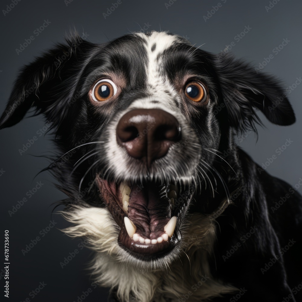 Portrait of excited and cute black and white dog on gray background. Happy and surprised face with open mouth 
