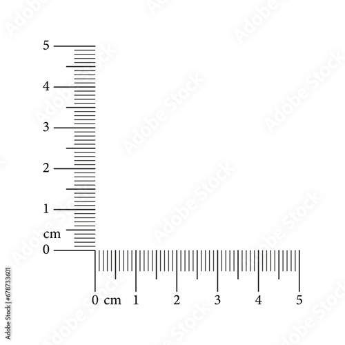 Corner ruler from 0 to 5 centimeter. Measuring tool template. Vector illustration isolated on white background.