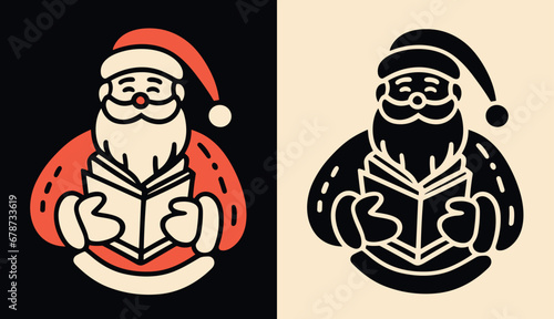 Santa reading a book logo. Christmas stories concept storyteller drawing. Holiday season activity for children. Cute book lovers Christmas decoration. Minimalist printable vector illustration.
