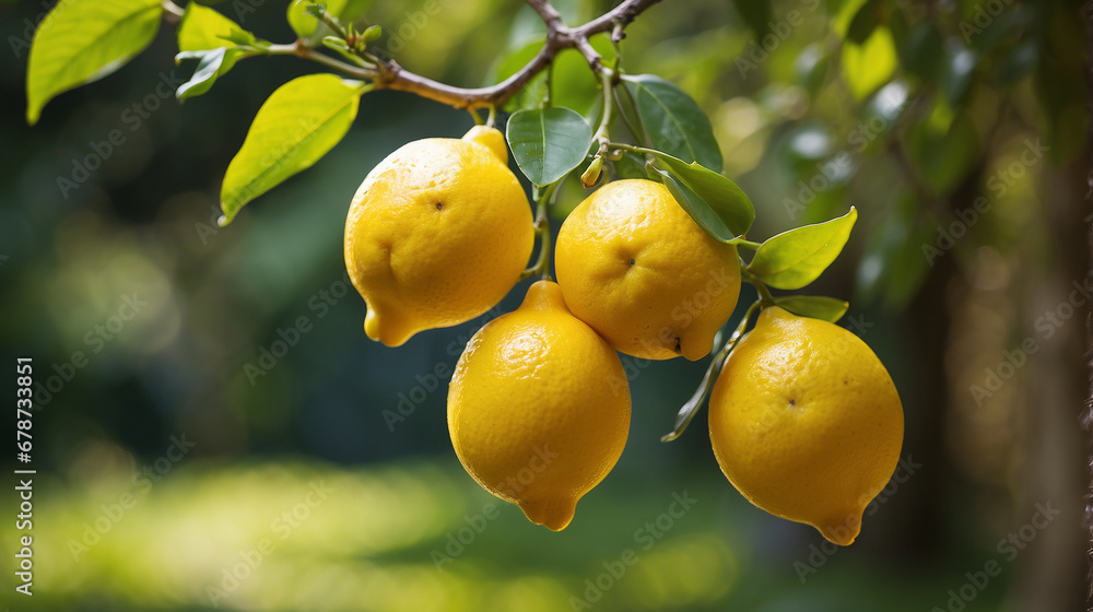 A closeup of a couple of Lemons hanging on a branch with a defocused background - AI Generative