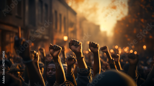 Thousands of strong people raising their fists in protest.  © LiezDesign