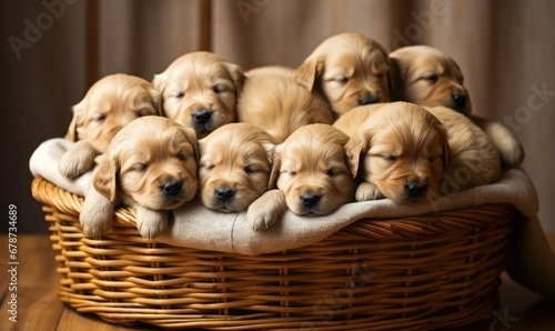 puppy golden retriever sleep in a basket ,generative ai