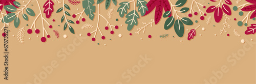 Bannière végétale de fin d'année - Illustrations vectorielles pour célébrer Noël - Éléments décoratifs festifs - Bandeau de Noël - Décors végétaux colorés et modernes - Dessins éditables - Décembre
