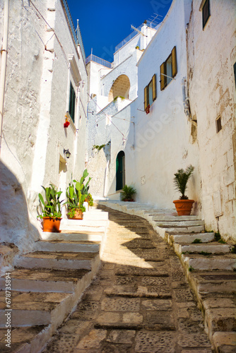 Fototapeta Naklejka Na Ścianę i Meble -  A cobblestone street lined with potted plants. A charming street in Ostuni, Italy, adorned with potted plants and cobblestone paving