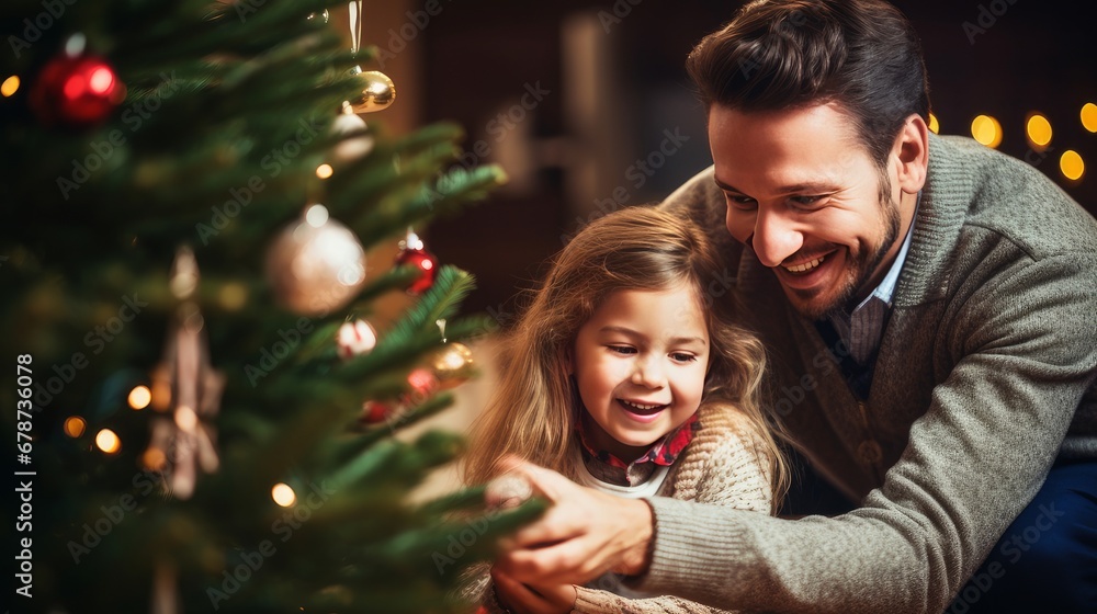 Happy child decorating Christmas tree with New Year's toys together with parents at home Happy child decorating Christmas tree with New Year's toys together with parents at home