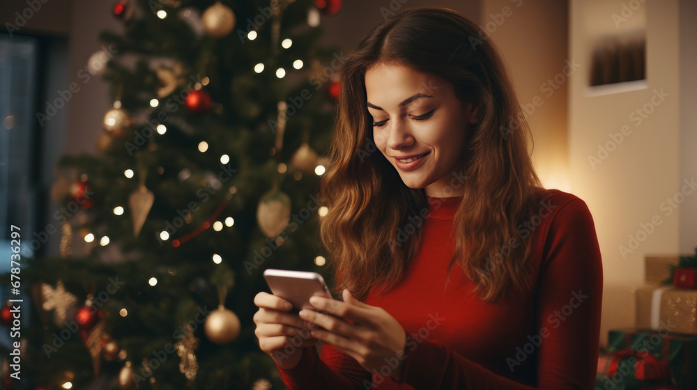 Young woman orders New Year gifts during Christmas holidays at home using smartphone and credit card Young woman orders New Year gifts during Christmas holidays at home using smartphone and credit card