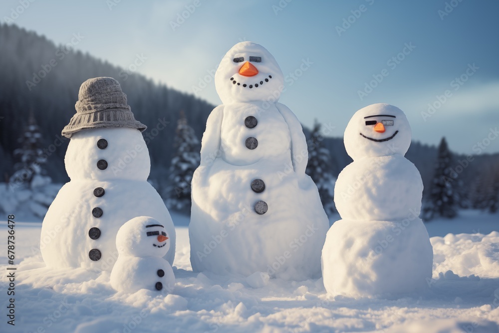 snowman family competing in a snow sculpting contest, crafting icy