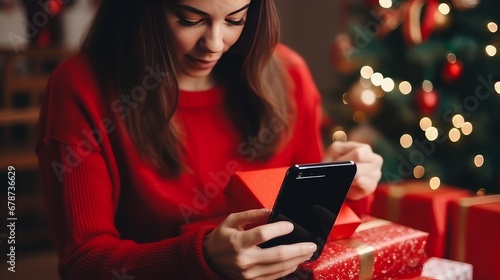 Young woman in a red sweater orders gifts during the Christmas holidays at home, using a smartphone and a credit card.