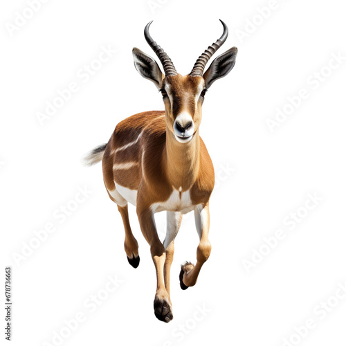 front view of a antelope animal running towards the camera on a white transparent background 