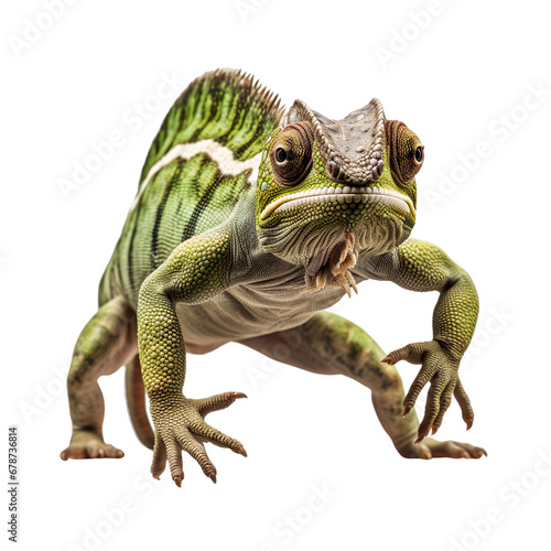 front view of a chameleon animal running towards the camera on a white transparent background 