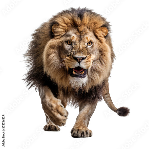 front view of a lion animal running towards the camera on a white transparent background 
