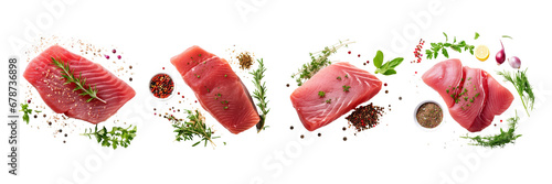 Set of Raw tuna fish fillet with herbs and spices top view isolated on transparent or white background photo