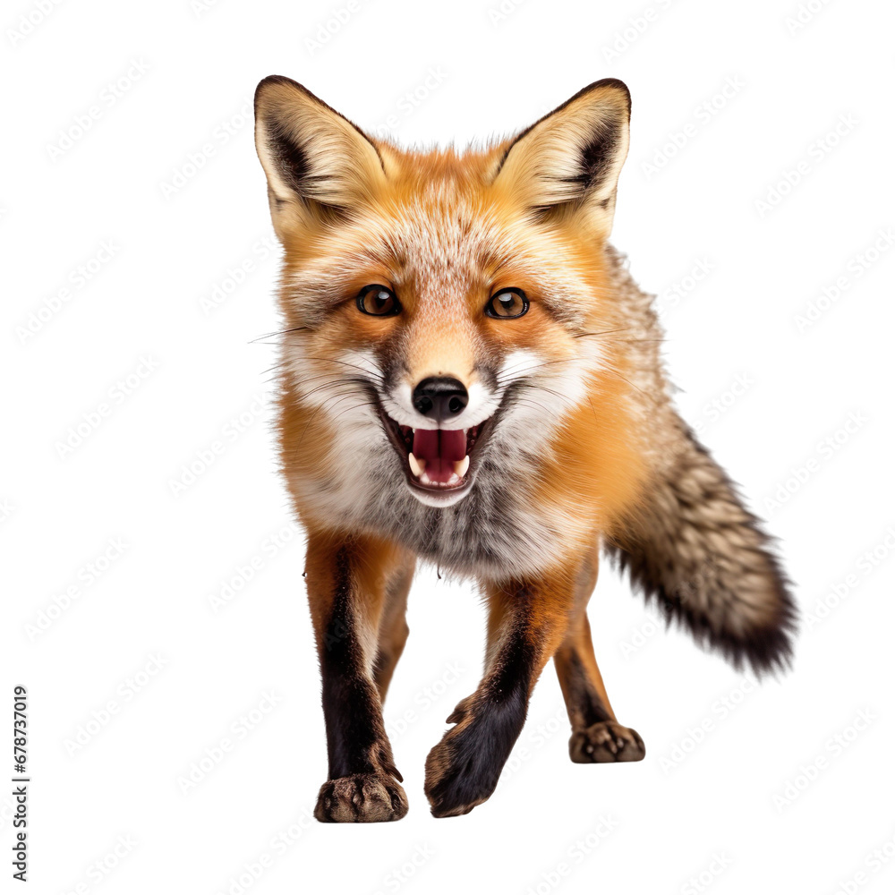 front view of a red fox animal running towards the camera on a white transparent background 