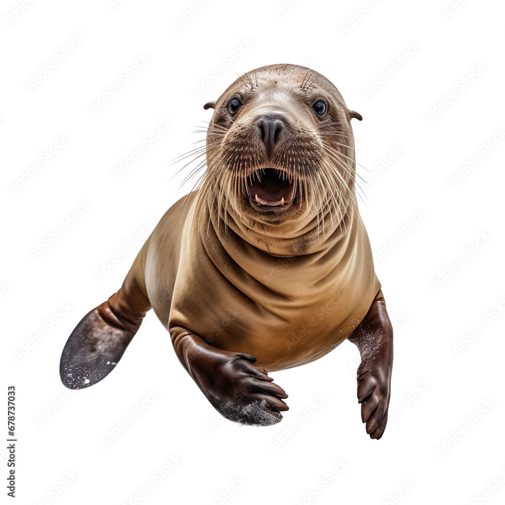 Obraz premium front view of a lion animal running towards the camera on a white transparent background 