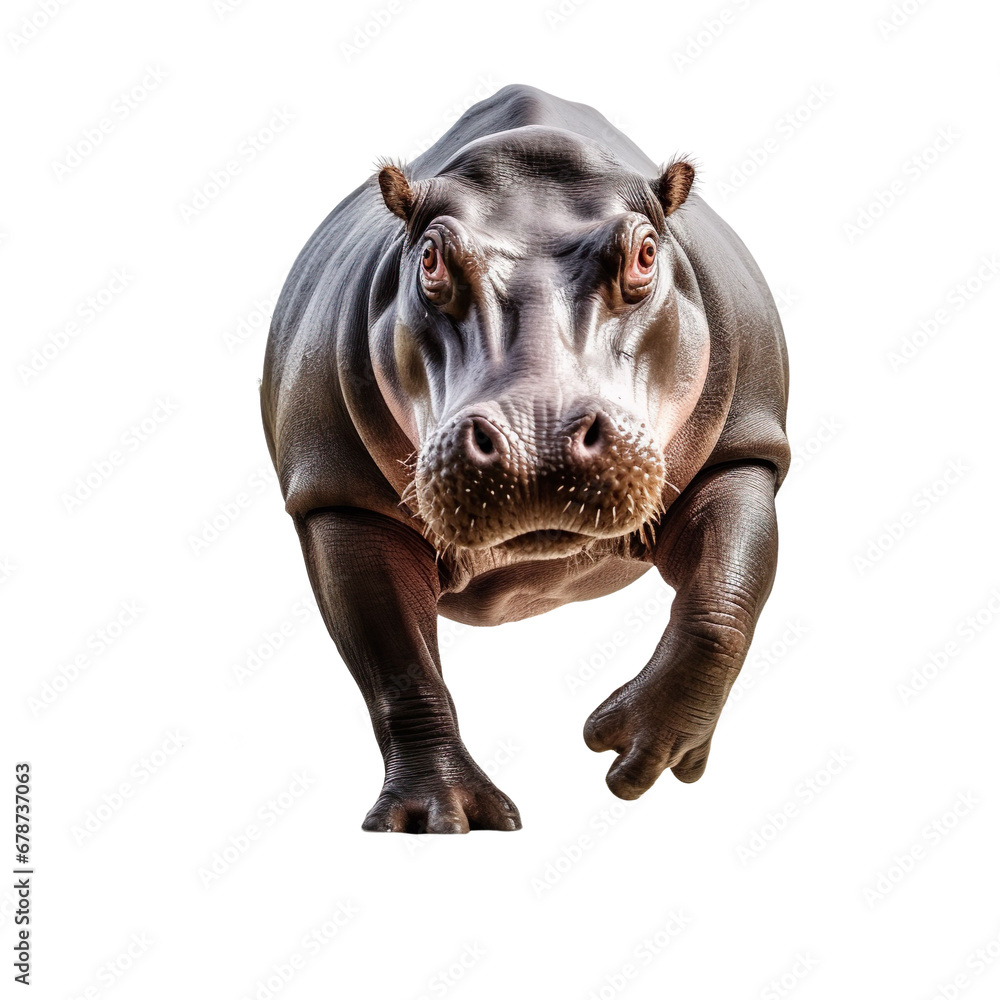 Fototapeta premium front view of a hippopotamus animal running towards the camera on a white transparent background 